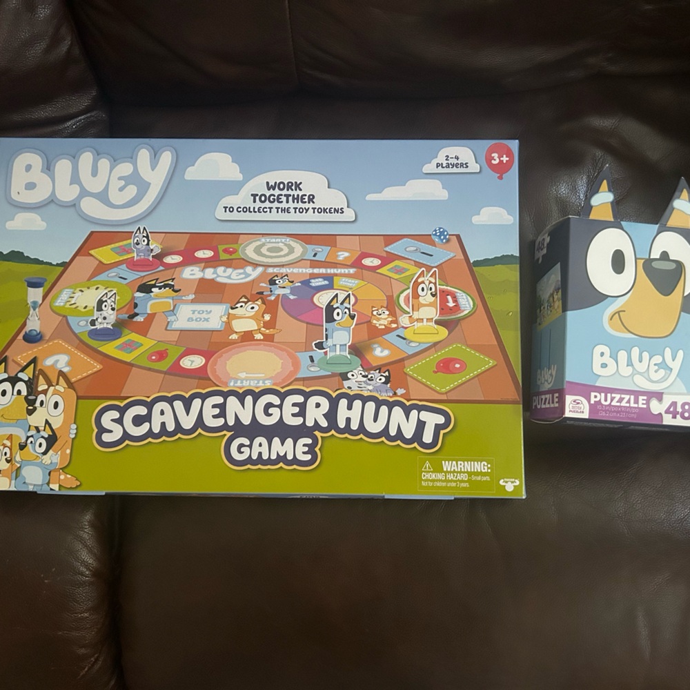 Bluey Scavenger Hunt board game and Bluey puzzle